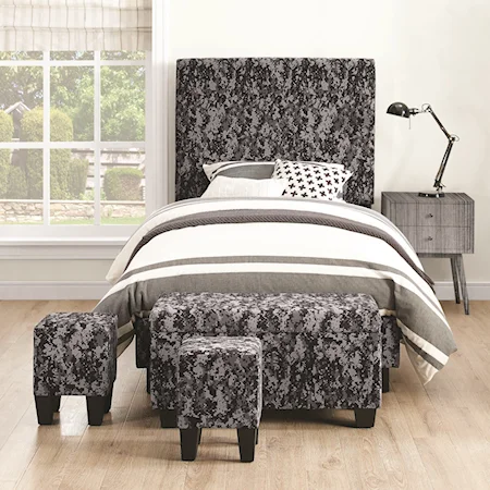 Upholstered Bed with Storage Ottoman and Two Small Ottomans